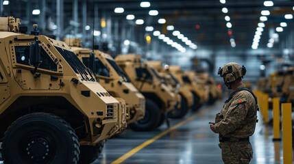 Rows of armored vehicles lined up in an expansive factory, each meticulously crafted, with workers ensuring every detail is accurate, highlighting the strength of military industri