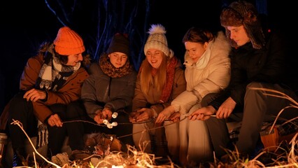 Naklejka premium Friends sitting around a campfire in the woods on a winter evening