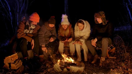 Obraz premium Friends sitting around a campfire in the woods on a winter evening