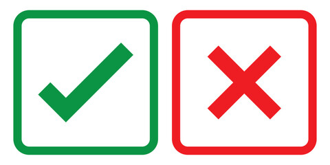 tick mark icon button set check box correct right wrong black buttons yes or no checkmark red cross green tick vector illustration positive negative remove error true false. EPS 10.