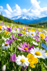 Obraz premium Colorful meadow flowers with mountains. Scenic spring view. Possible use nature background