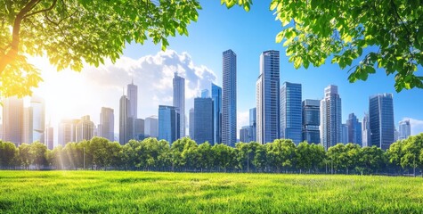 Obraz premium Lush green park with modern city skyline