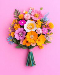 Fototapeta premium Colorful Paper Flower Bouquet on Pink Background