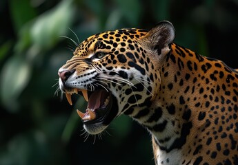 Majestic Jaguar with Striking Spots and Sharp Teeth Displaying Aggression in a Natural Habitat Surrounded by Lush Green Foliage