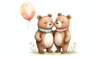 Naklejka premium Bear and Bunny Best Friends Holding Balloons in Soft Hand-Painted Style, Symbolizing Friendship and Warmth