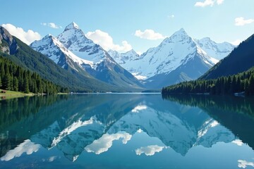 Snow-capped mountains reflect in a crystal-clear lake, calm, scenery, reflective