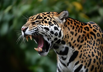Obraz premium Majestic jaguar yawning, showcasing its powerful jaws and distinctive spotted coat against a lush green background in a natural habitat setting