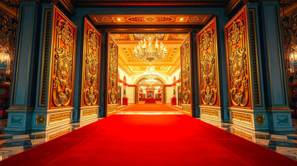 Obraz premium The image conveys the solemnity of the entrance to a luxurious casino with a red carpet. Gilded doors lead into a spacious hall filled with the light of crystal chandeliers and exquisite details.