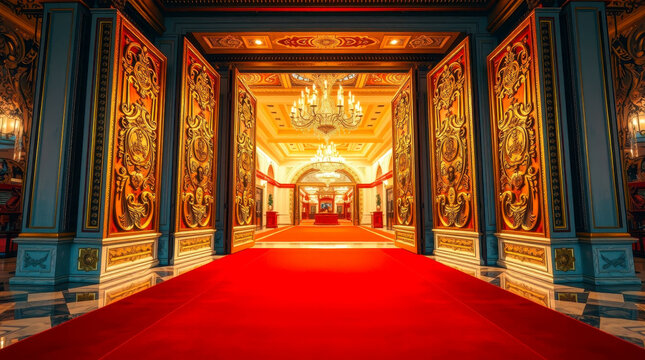 The image conveys the solemnity of the entrance to a luxurious casino with a red carpet. Gilded doors lead into a spacious hall filled with the light of crystal chandeliers and exquisite details.