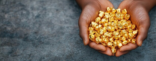 Hands Holding Pile of Golden Nuggets on Dark Textured Surface