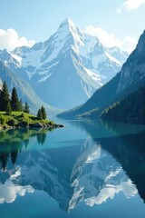 Fototapeta premium Snow-capped peaks gently slope towards a serene lake, pristine, calmness
