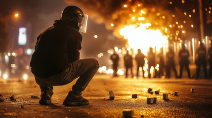 A protester in a helmet, crouched and ready to act, facing off with a line of riot police, the scene illuminated by the glow of protest flames, capturing the clash of ideologies.
