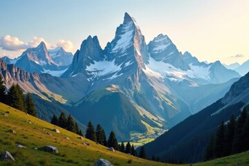 Fototapeta premium Snow-capped peaks of the Dolomites glisten in the morning sun, peak, landscape, mountain range