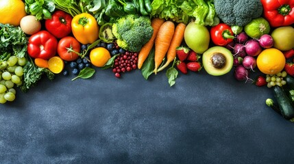 Healthy food concept Top view fresh organic fruits and vegetables with free space background for fresh business vegetarian collection