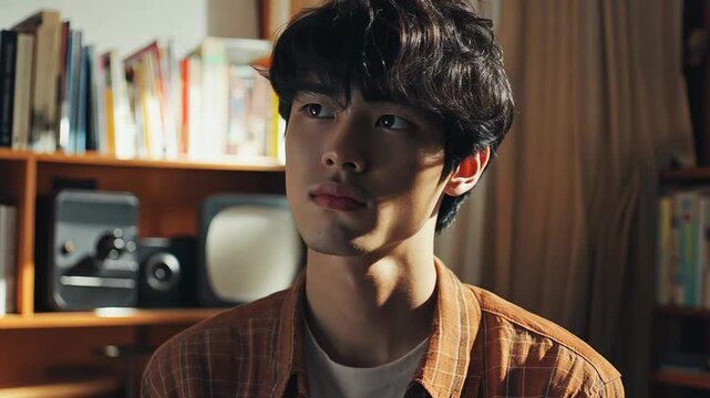 vintage fashion portrait handsome Asian young man 60s style, a man wearing brown shirt and white t-shirt at home 