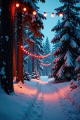 Snow covered forest with shining red and green lights, decorations, Christmas