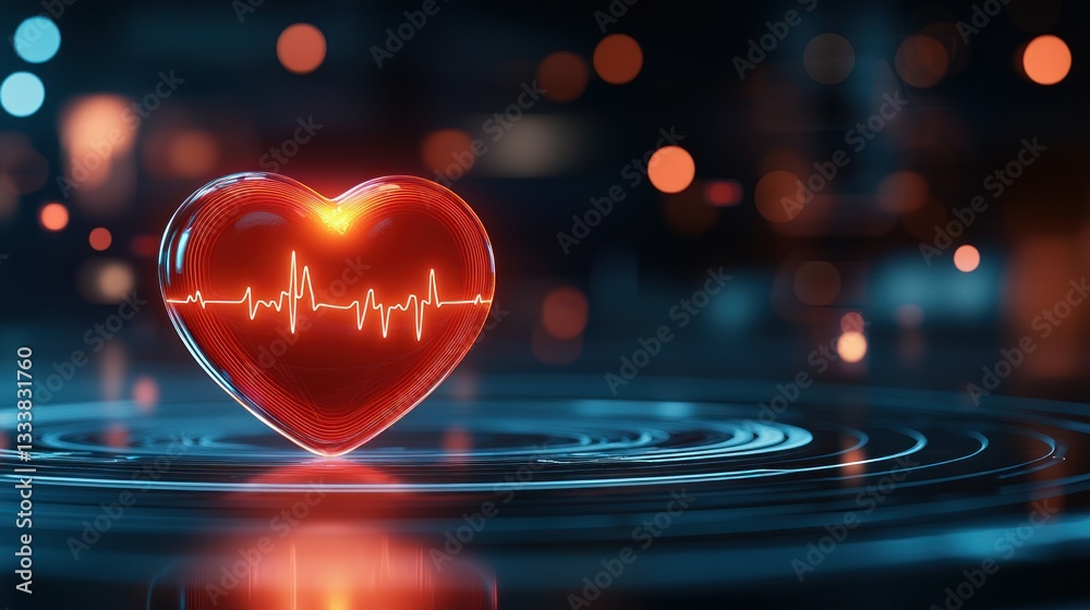 Poster 3d illustration of human heart with ecg waves and soft background