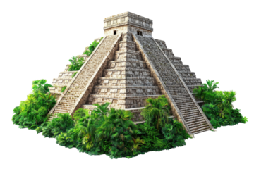 A Majestic Mayan Pyramid, Steeped In Ancient History, Stands Proudly Amidst Lush, Vibrant Jungle Foliage Against A Stark Isolated on Transparent Background
