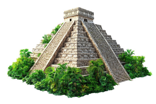 A Majestic Mayan Pyramid, Steeped In Ancient History, Stands Proudly Amidst Lush, Vibrant Jungle Foliage Against A Stark Isolated on Transparent Background
