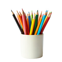 Fototapeta premium Vibrant colored pencils in a cup, white background. Playful and clean for education, art, back to school, or design projects. Stationery and office supplies. Isolated on transparent background.