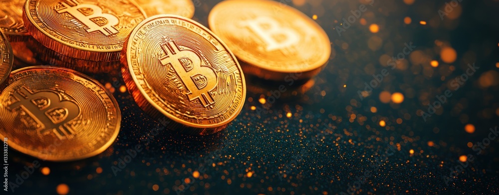 Poster Close-Up of Bitcoin Coins with Sparkling Background Effects