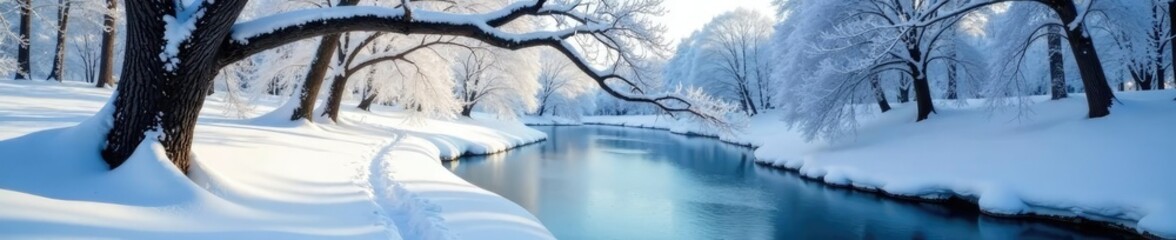 Snow covered tree branches hanging over frozen river, trees, winter, frost