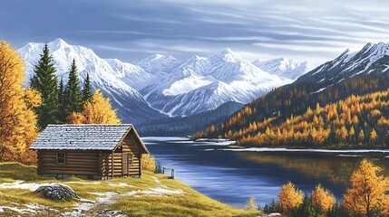 Cabin lakeside with autumn trees and snowy peaks for a scenic holiday escape
