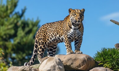 Obraz premium Majestic leopard calmly standing on rocks under a clear blue sky with vibrant greenery in the background showcasing its striking appearance and natural habitat