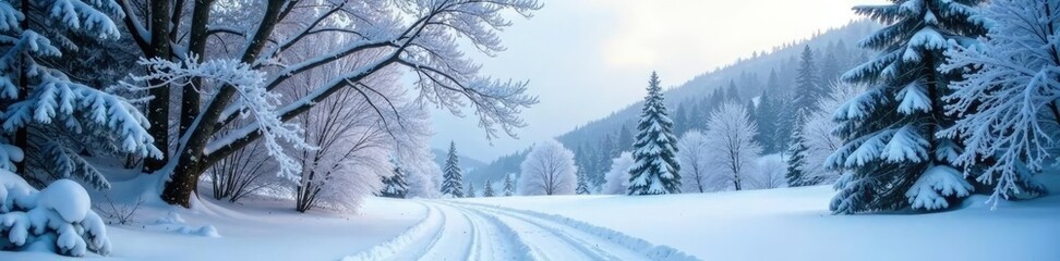Snow falls heavily on the trees and underbrush,, icy branches