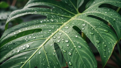 Green leaves seamless pattern background. Close-up of dew drops on leaf. abstract background. background wallpaper. 