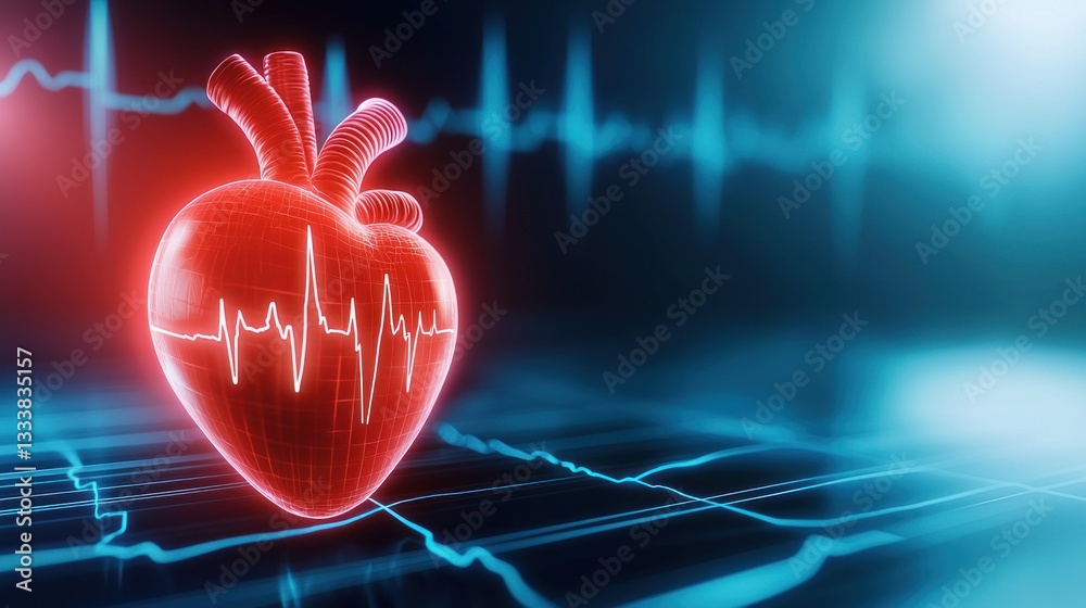 Poster 3d illustration of human heart with ecg waveform on abstract background