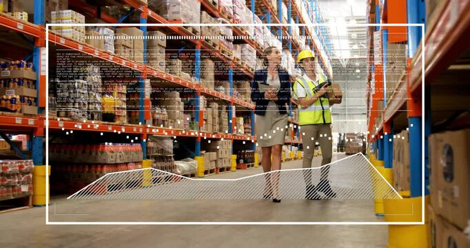 In warehouse, workers discussing inventory using animation for data visualization