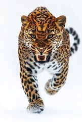 Obraz premium Majestic Leopard Charging Forward with Intense Gaze and Prominent Spots Captured in Motion Against a White Background
