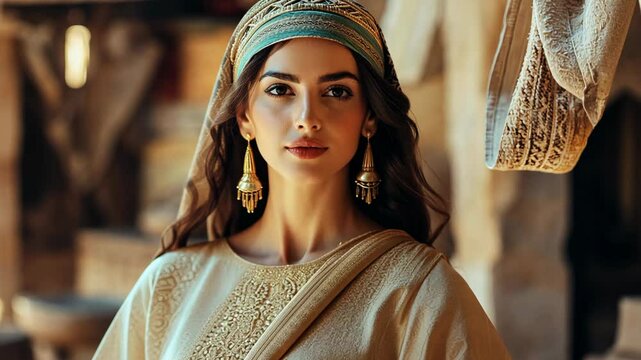  ancient Israeli woman at old time, beautiful girl wearing headcover scarf at old temple