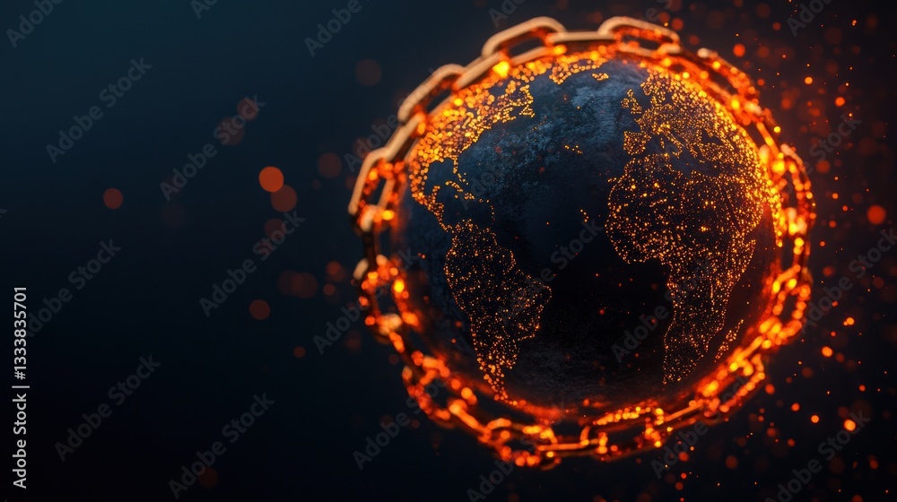 Poster abstract 3d illustration of world enclosed by glowing chains