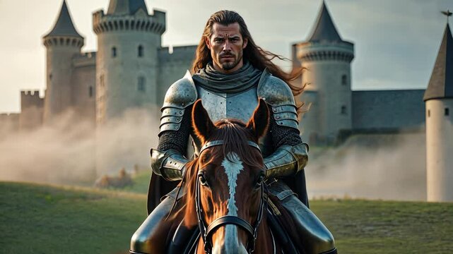 A Valiant Knight Rides Proudly on Horseback Before a Majestic Castle