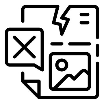 Symbolic Document Failure: A graphic representation of a torn document, complete with a rejected message, image, and overall sense of disruption. Data corrupt icon