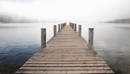 Fototapeta premium wooden dock calm water white background serene
