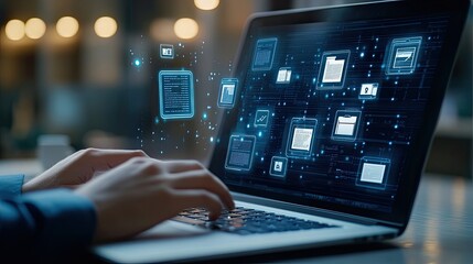 Person working on laptop with digital document management system interface showing files folders and data network visualization