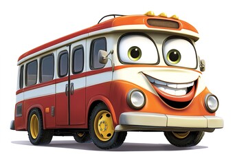  A cartoon character of a cute, smiling bus, isolated on a white background