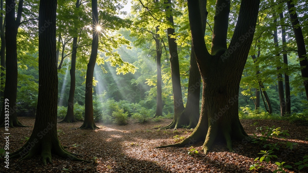Poster a mesmerizing view of a thick woodland, where sunlight seeps through foliage, creating speckled patt