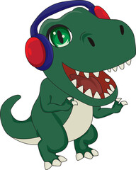 The green dinosaur is enjoying music with a headphone