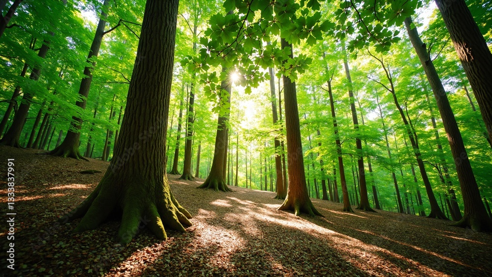 Aufkleber a mesmerizing view of a thick woodland, where sunlight seeps through foliage, creating speckled patt