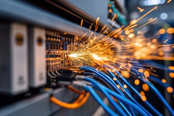 Fototapeta premium Electrical short circuit, sparks flying from overloaded industrial panel, power failure and hazard risk