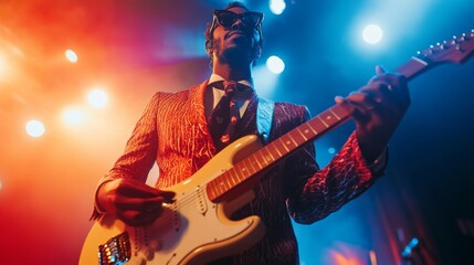 Obraz premium A vibrant performance captured in the spotlight. The guitarist shines with style and passion. Music brings us together in unforgettable moments. Generative AI