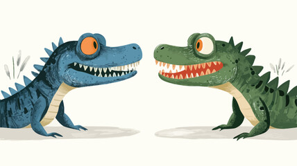 Digital illustration featuring two cartoon crocodiles. One is blue, the other green. Both are depicted in a playful, friendly pose facing each other, with exaggerated features and expressions. The