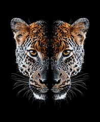 Fototapeta premium Majestic Leopard Close-Up Portrait on Black Background Showcasing Intricate Spots and Striking Eyes of a Fierce Wild Animal