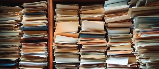 A large stack of documents and papers on the shelf, symbolizing an enormous amount of work to be done in the office or at home.