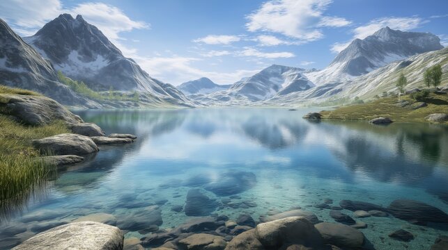 tranquil alpine lake scene with snow-capped mountains, a clear turquoise-blue lake mirroring the sky, and a rocky shoreline