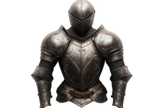 A Weathered Knights Armor, A Silent Testament To Battles Fought And Honor Upheld, Against A Stark Isolated on Transparent Background Showing Intricate Details And Metallic Textures